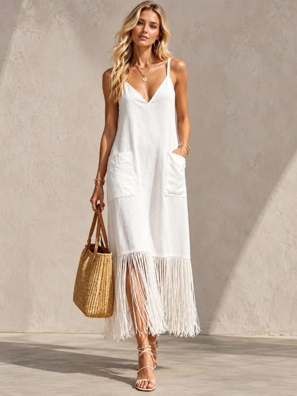Fringe V-Neck Spaghetti Strap Dress